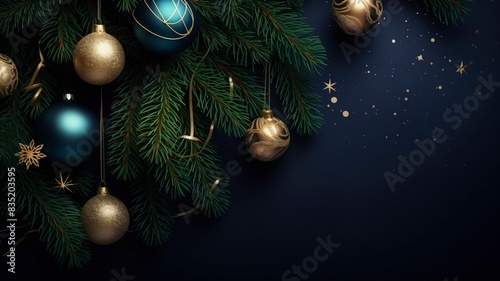 christmas balls and fir branches flat lay top view  generative ai