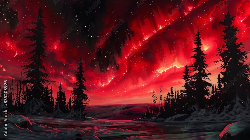 Fototapeta premium Stunning red aurora borealis over a forest landscape with silhouetted trees and a tranquil, snow-covered ground under a starry night sky.