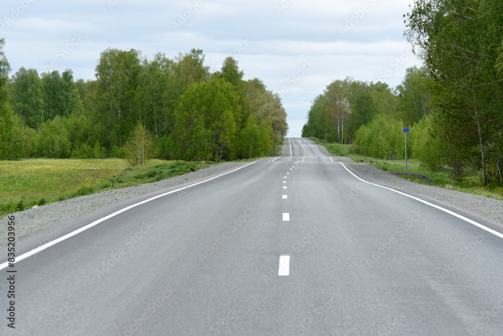 High-speed asphalt road in the spring forest. Country road. High-speed asphalt road in the spring forest. Country road.
