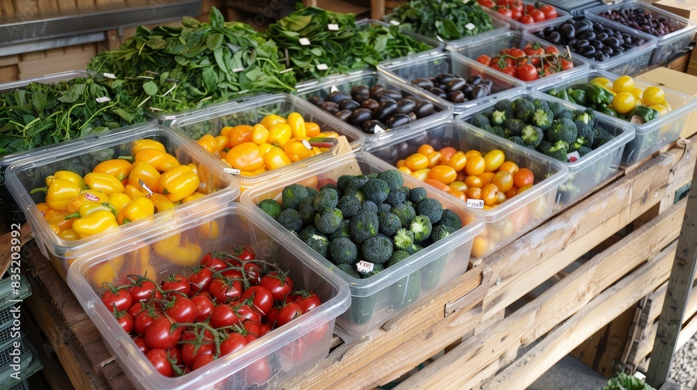 Obraz premium Freshly harvested produce in plastic containers, displayed on a wooden market stall with natural lighting