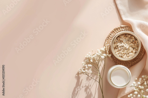 Oat Milk and Oats with Baby's Breath Flowers photo
