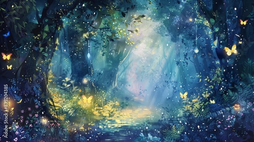 Enchanted forest scene with watercolor fairies, magical creatures, and twinkling lights, great for children's room decor