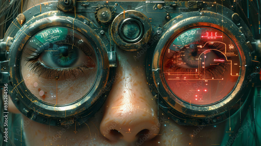 A futuristic close-up of a person wearing high-tech augmented reality goggles, displaying digital interfaces. A futuristic close-up of a person wearing high-tech augmented reality goggles, displaying digital interfaces.