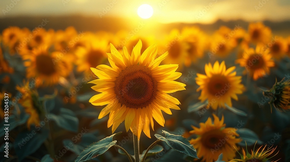 Obraz premium a sunflower in a field with the sun setting in the background
