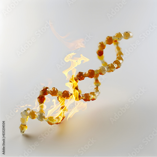 A close up of a dna strand with fire coming out of it isolated on white background, professional photography, png
 photo