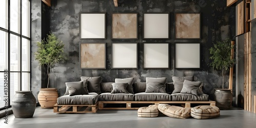 Industrialstyle living room with blac. Concept k leather furniture, metal accents, minimalistic design