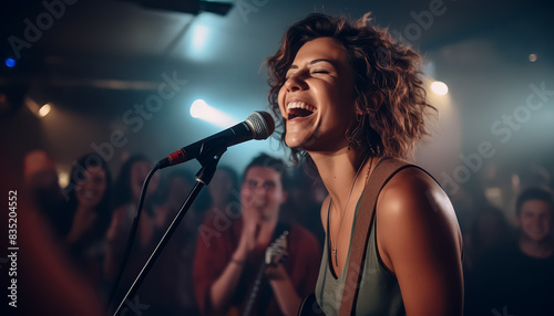 A woman is playing a guitar and singing in front of a crowd