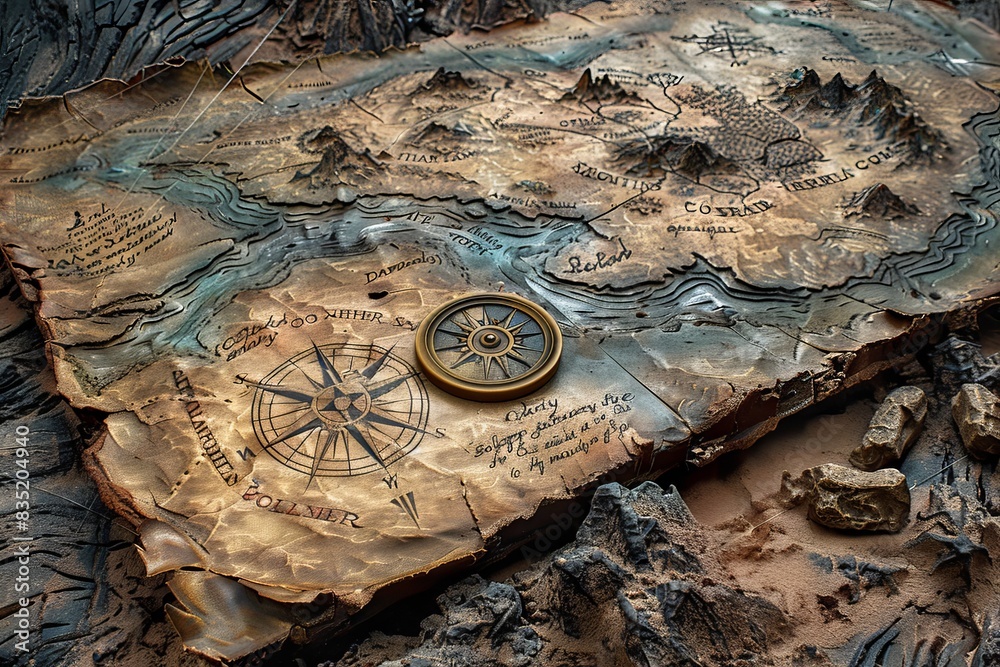 A map of a desert with a compass on it A map of a desert with a compass on it
