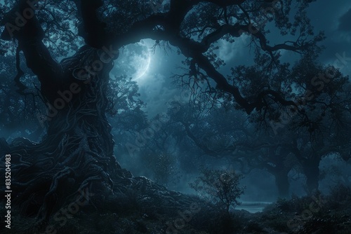 A dark forest with a large tree in the foreground