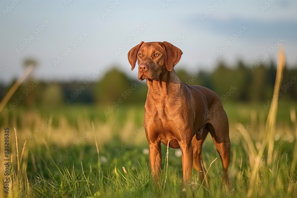 A photo of a beautiful Hungarian Vizla dog standing in a meadow, facing the camera, standing off-centre, bathed in dappled sunlight. The serene setting highlights the dog's calm and content expression A photo of a beautiful Hungarian Vizla dog standing in a meadow, facing the camera, standing off-centre, bathed in dappled sunlight. The serene setting highlights the dog's calm and content expression