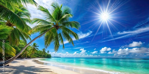 Tropical beach background with bright sun  blue skies  turquoise ocean  palm trees  and white sand   tropical  beach  background  sun  blue skies  turquoise ocean  palm trees  white sand