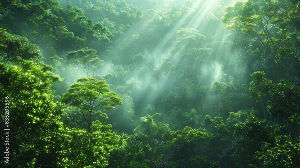 a view of a forest with sunlight shining through the trees