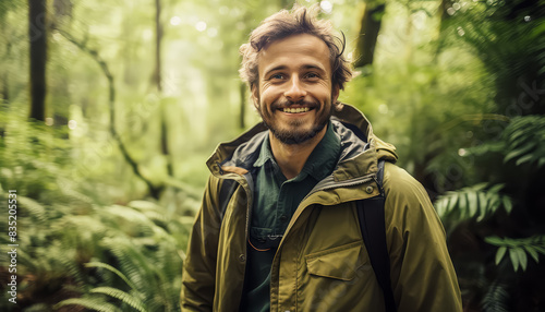 A man with a backpack and a smile on his face is standing in a forest