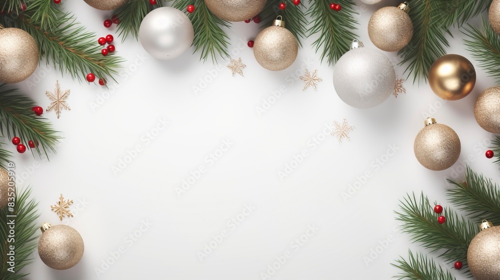 christmas balls and fir branches flat lay top view, generative ai christmas balls and fir branches flat lay top view, generative ai