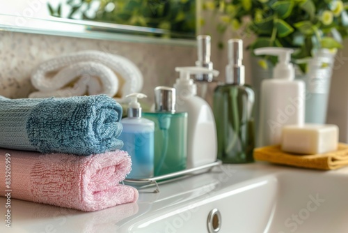 A bathroom sink with towels and soap displayed on a countertop