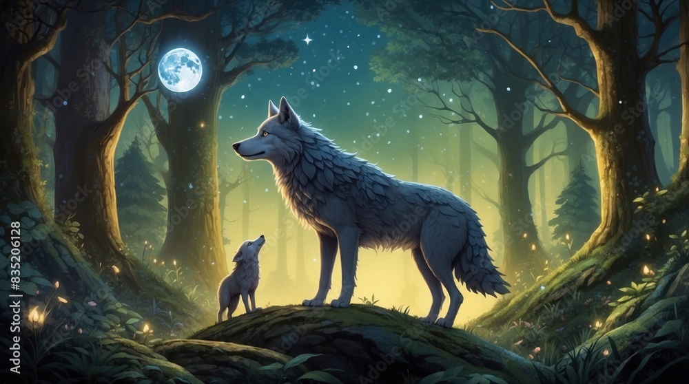 Illustration showing wildlife surrounded by forest and old trees, beautiful howling wolf in forest on moon background