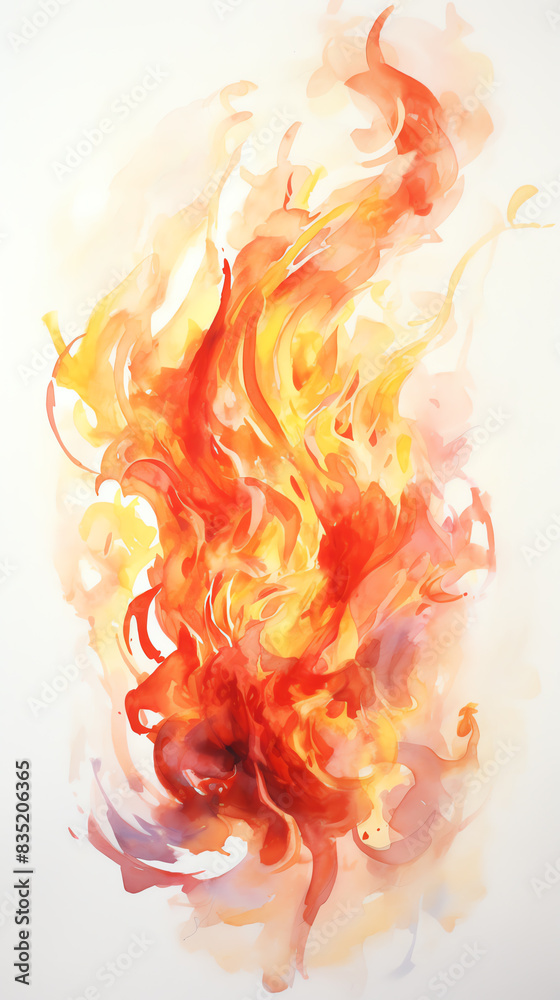 Craft a traditional watercolor painting showcasing the elegance of a side view fire