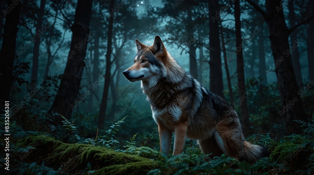 Obraz premium Picture of beautiful wild wolf in green forest