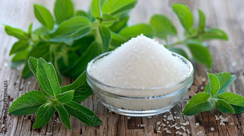 Stevia rebaudiana, sweet leaf sugar substitute isolated in wooden plate, generated AI photo
