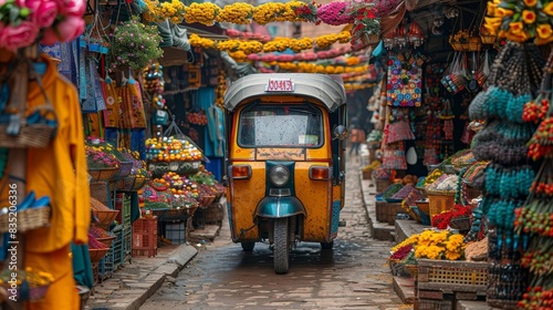 a tuk - tuk in a market with flowers and fruit photo