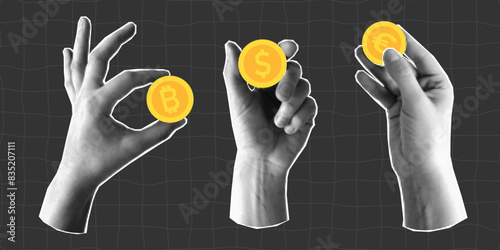 Set of halftone collage with hands holding coins, euro, dollar and bitcoin. Banner with concept of payment and financial planning, saving. Paper element on a dark checkered background.