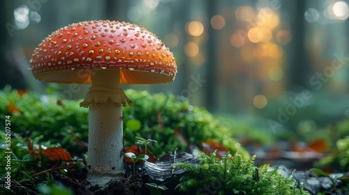 a mushroom in the forest with moss and leaves
