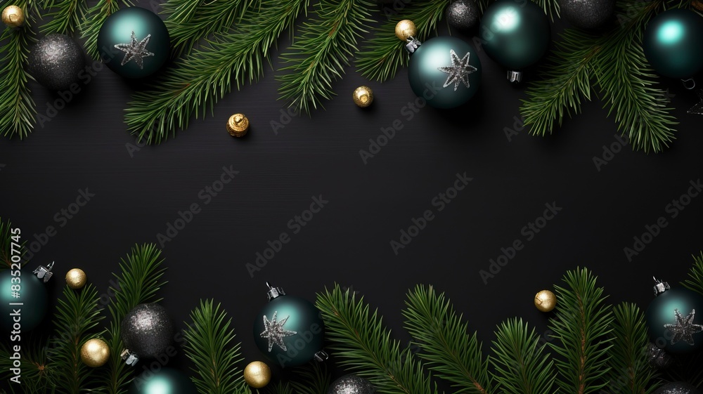 christmas balls and fir branches flat lay top view, generative ai christmas balls and fir branches flat lay top view, generative ai