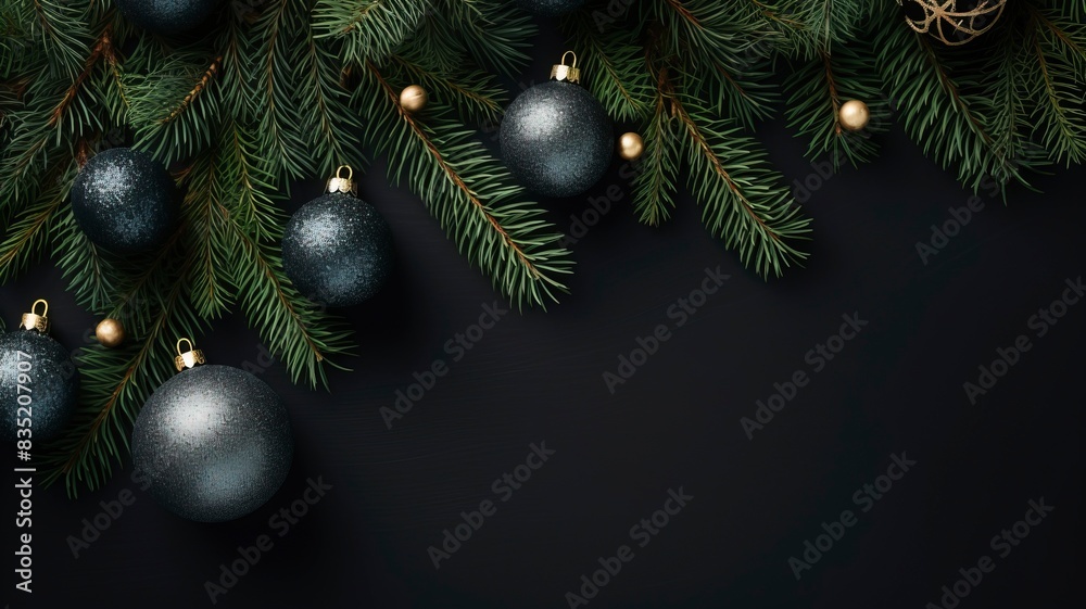 christmas balls and fir branches flat lay top view, generative ai