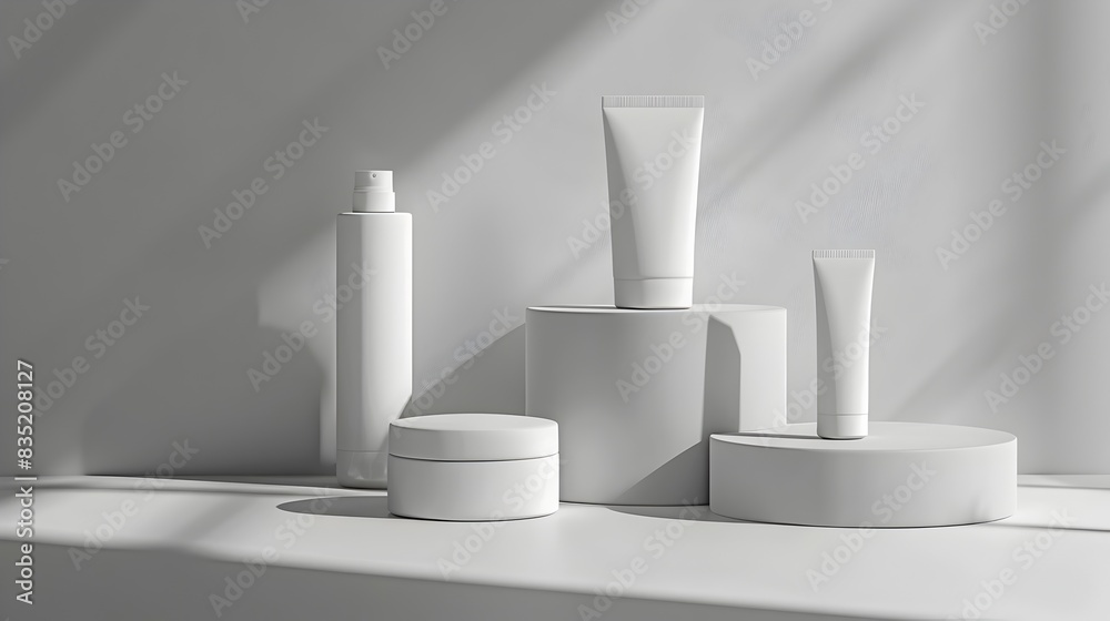 Minimalist Cosmetic and Skincare Product Display on Geometric Platform Minimalist Cosmetic and Skincare Product Display on Geometric Platform