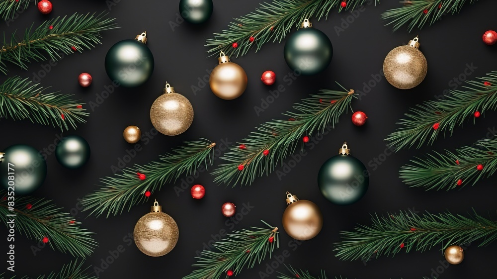 christmas balls and fir branches flat lay top view, generative ai christmas balls and fir branches flat lay top view, generative ai