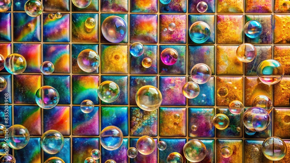 Colorful soap bubbles covering a tiled wall creating a textured pattern , bubbles, soap, colorful, tiled wall, pattern, texture, close-up, abstract, vibrant, beauty, reflections, surface