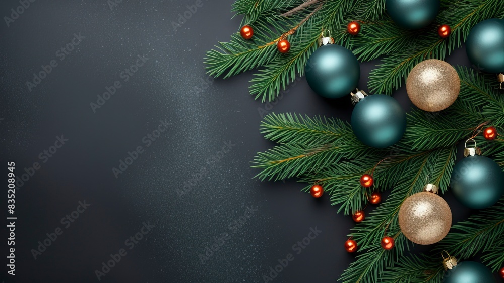 christmas balls and fir branches flat lay top view, generative ai christmas balls and fir branches flat lay top view, generative ai