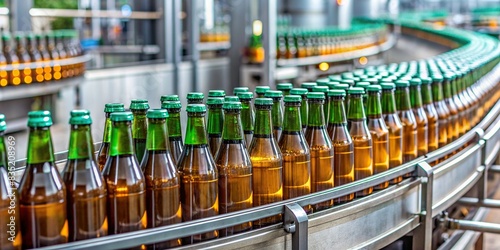 Bottles of beer moving along a conveyor belt in an industrial factory   manufacturing  production line  brewery  automation  glass bottles  alcohol  beverage  conveyor system  machinery