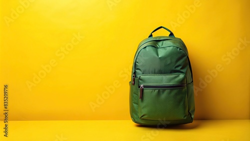 Studio shot of a green backpack isolated over yellow background, student, African, female, braids, eyeglasses, backpack, isolated, yellow, studio, clueless, confused, doubts