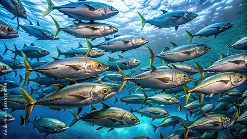School of tuna fish swimming gracefully underwater, tuna, fish, underwater, ocean, marine life, wildlife, blue, sea, group, swimming, wildlife, aquatic, creatures, school, shoal, schooling photo