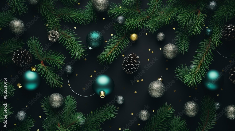 christmas balls and fir branches flat lay top view, generative ai christmas balls and fir branches flat lay top view, generative ai