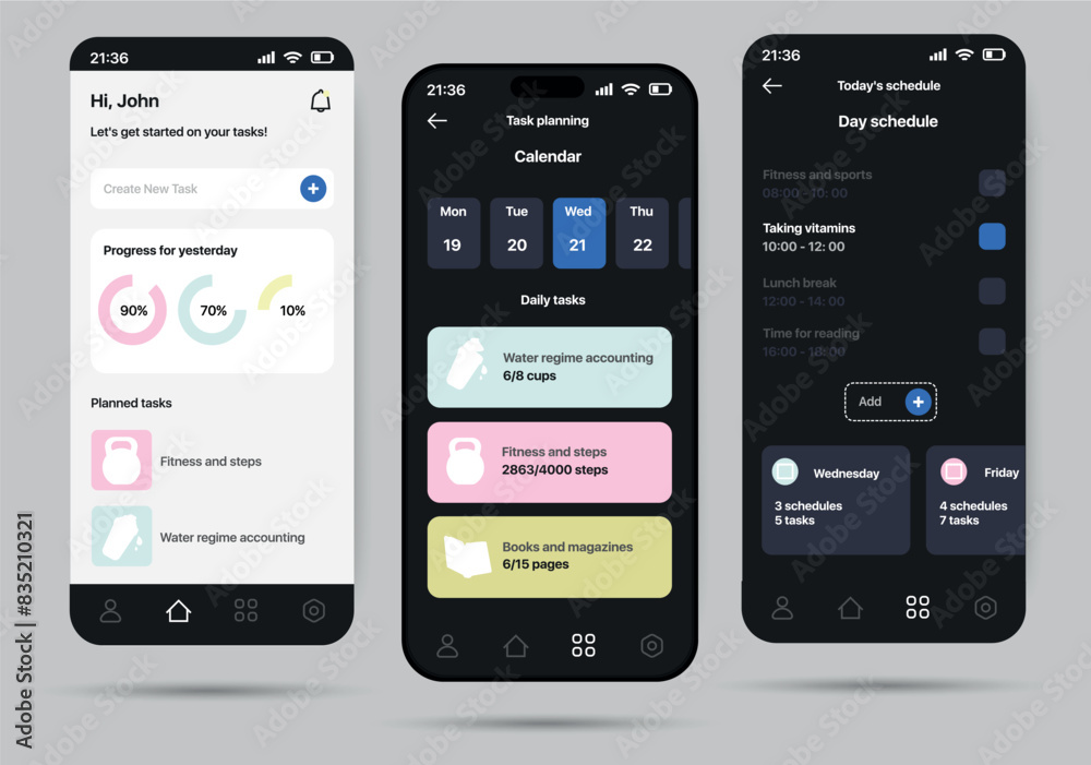 Perfect day app concept in flat design. A set of screens showing a schedule planner app that looks stylish and modern. Vector Illustration. Perfect day app concept in flat design. A set of screens showing a schedule planner app that looks stylish and modern. Vector Illustration.