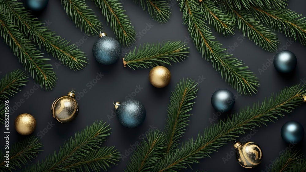 christmas balls and fir branches flat lay top view, generative ai