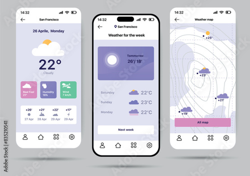 Weather forecaster app concept in flat design. The bright design of the application for monitoring the weather forecast, which looks good and is easy to use. Vector Illustration.