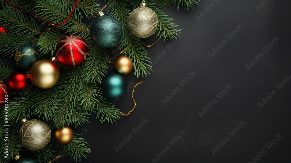 christmas balls and fir branches flat lay top view, generative ai christmas balls and fir branches flat lay top view, generative ai
