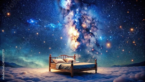 A cozy bed flying among the stars in a beautiful night sky , comfortable, bedding, healthy sleeping, cozy, comfort, relaxation, dreamy, soft, nighttime, relaxation, serene, peaceful, sleep photo