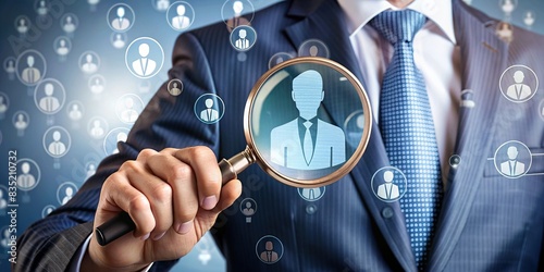 Magnifier glass focusing on manager icon surrounded by staff icons for HRM and recruitment, HRM, human resource management, manager, staff, recruitment, leadership, development, customer