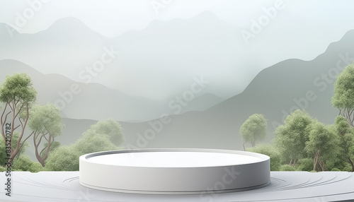 A white podium is set up in front of a mountain range