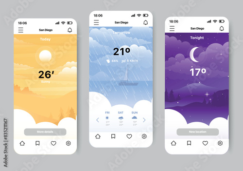 Weather forecaster app concept in flat design. A convenient and beautiful mobile application for tracking the weather forecast, made in a beautiful modern style. Vector Illustration.