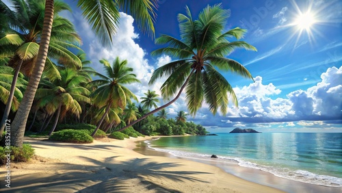Realistic rendering of a tropical beach  tropical  beach rendering  ocean  sand  waves  palm trees  paradise  sunny  peaceful  serene  vacation  travel  relaxing  beautiful  landscape
