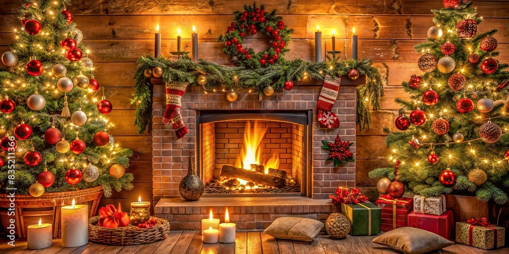 Cozy fireplace with warm flames and festive decorations , warmth, coziness, Christmas, fireplace, holiday, decorations, festive, home, interior, flames, warmth, cozy, living room, traditional