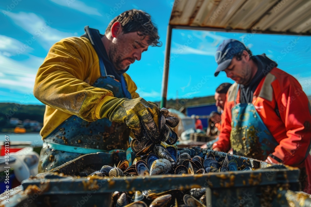 Fresh from the Sea: The Mussels Market in Galicia, Where Fishermen Display Their Bountiful Catches Beneath a Bright Blue Sky. Fresh from the Sea: The Mussels Market in Galicia, Where Fishermen Display Their Bountiful Catches Beneath a Bright Blue Sky.
