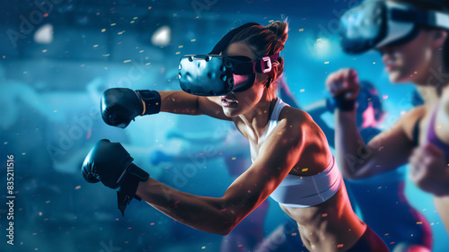 A muscular young girl, training in virtual boxing, showing the results of hard work.