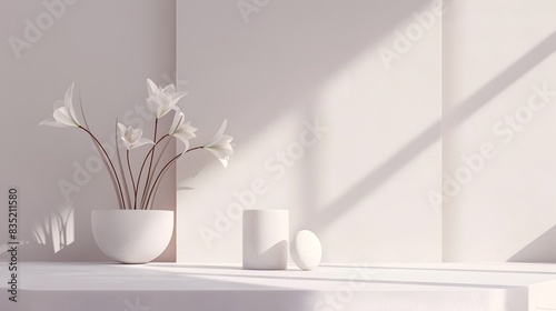 Minimalist Floral Arrangement in Bright,Airy Domestic Scene with Warm Lighting and Neutral Palette