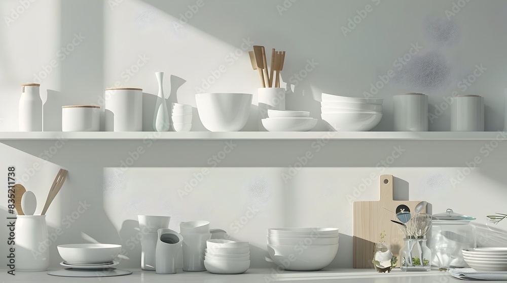 Minimalist Kitchen Tableware Assortment Arranged on Shelves Minimalist Kitchen Tableware Assortment Arranged on Shelves